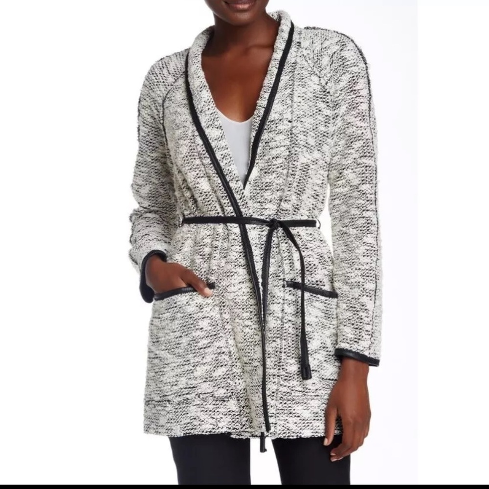 Rebecca Taylor Boucle Tweed Faux Leather Trim Sweater Jacket‎ black white Sz 4
